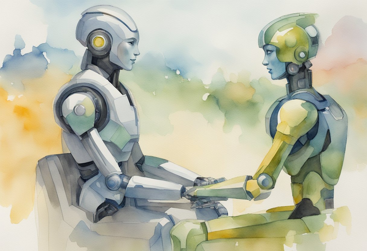 A humanoid AI companion engages in conversation with a human, displaying empathy and understanding. The human looks at the AI with a smile, showing signs of connection and companionship