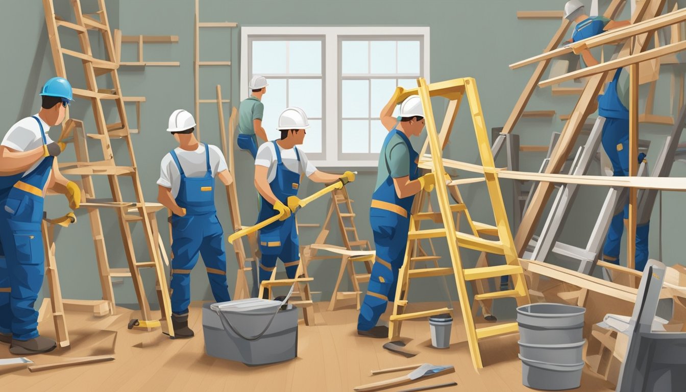 Workers hammering, sawing, and painting in a room filled with ladders, tools, and construction materials