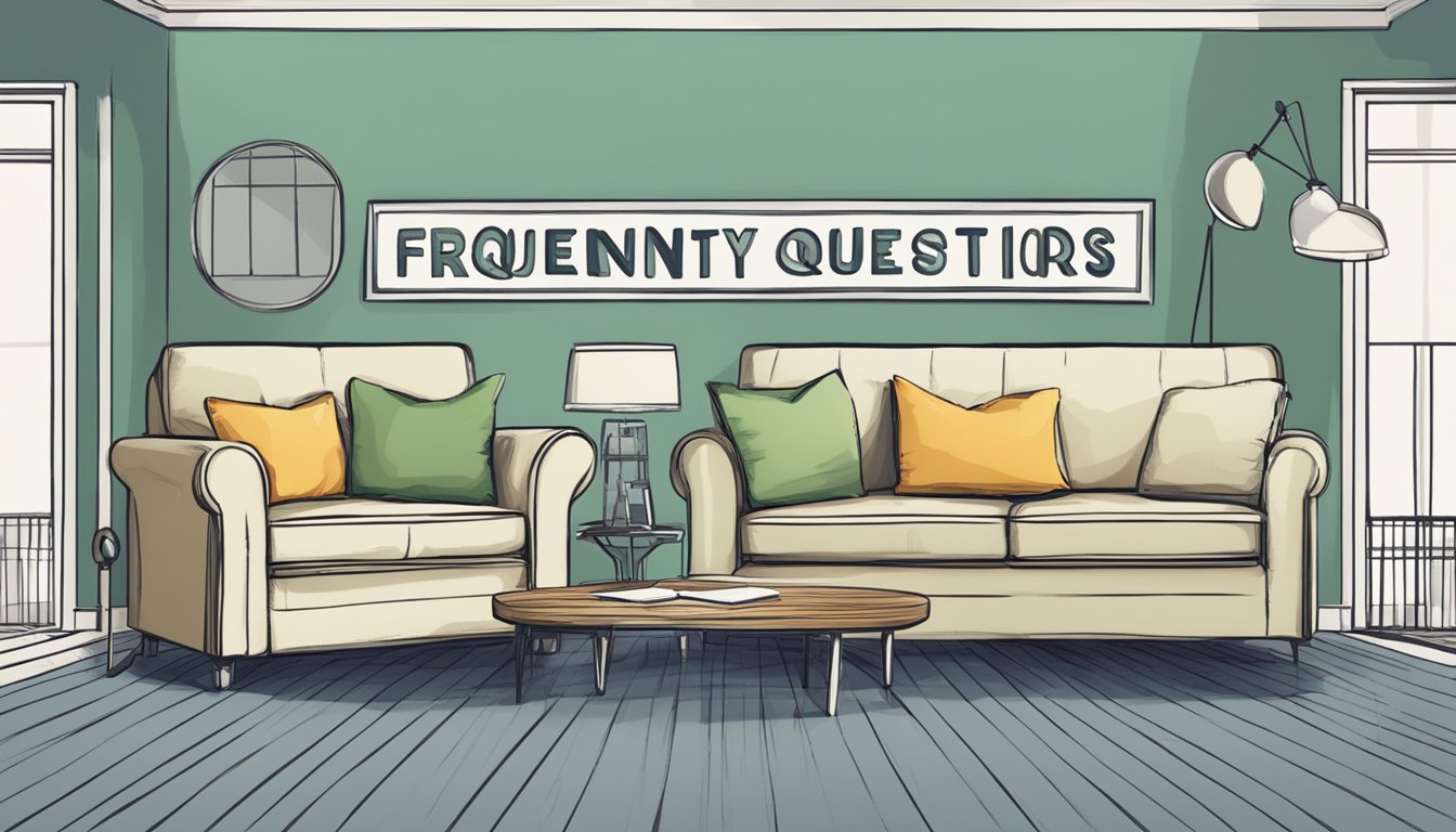 A sofa and a couch facing each other, with a large "Frequently Asked Questions" sign above them