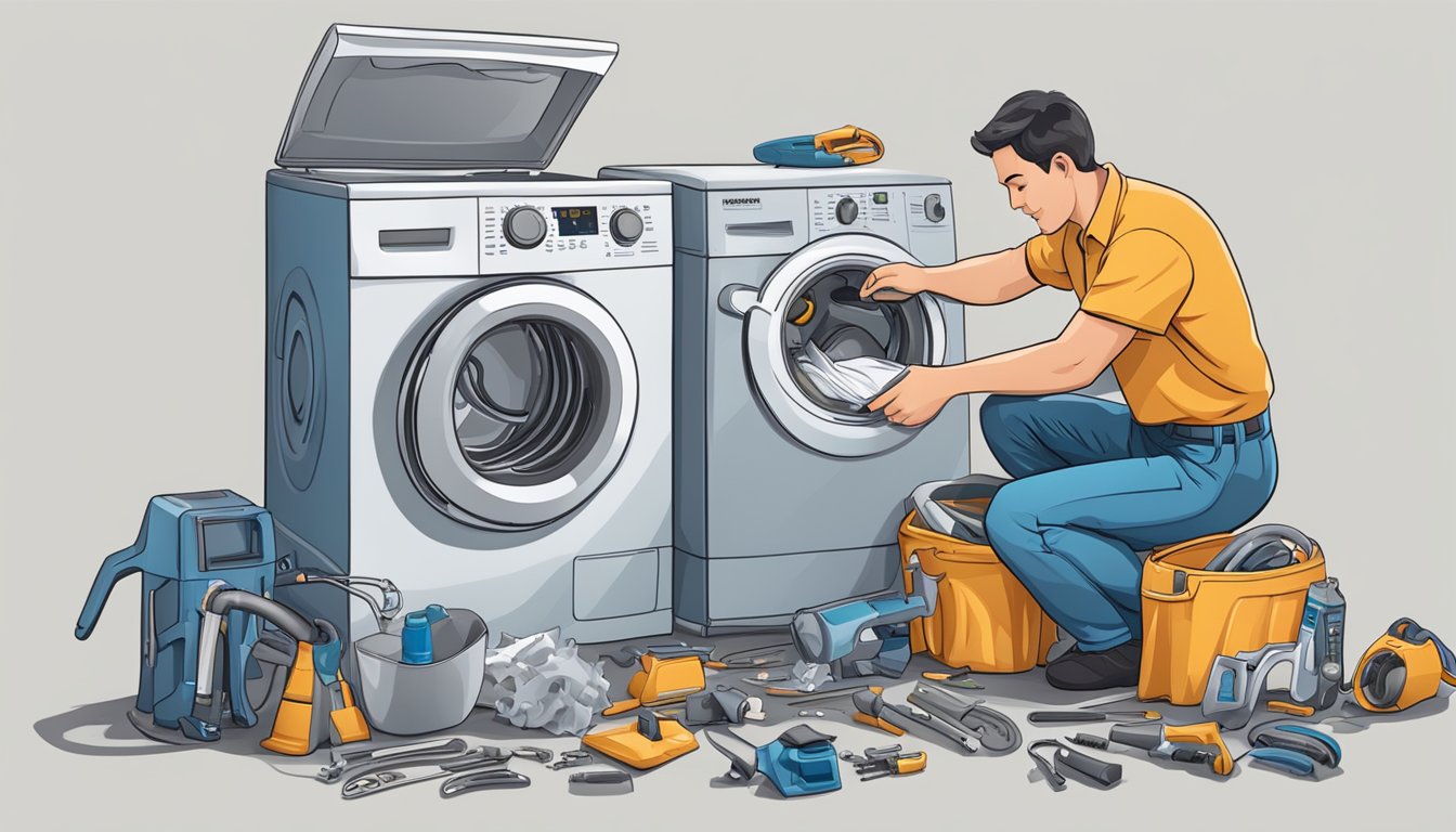 A technician repairing a washing machine, tools scattered, parts exposed