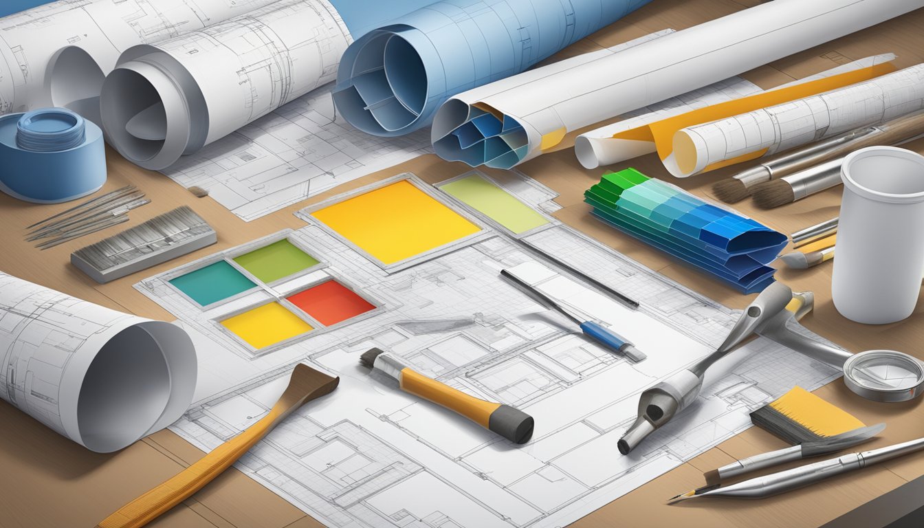 A blueprint laid out on a table, surrounded by measuring tools, paint swatches, and renovation materials