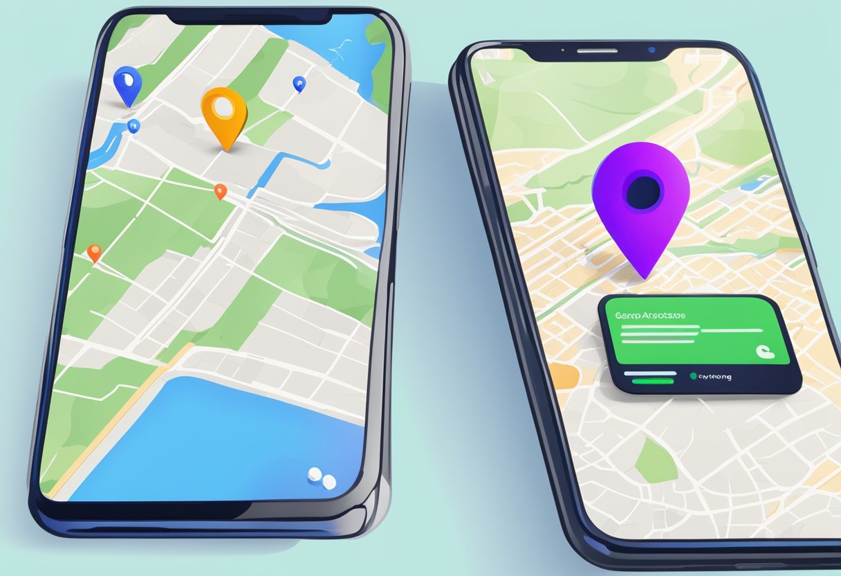 A smartphone with location services enabled, displaying a map with pinpointed locations and a notification prompt for accessing geolocation data privacy settings