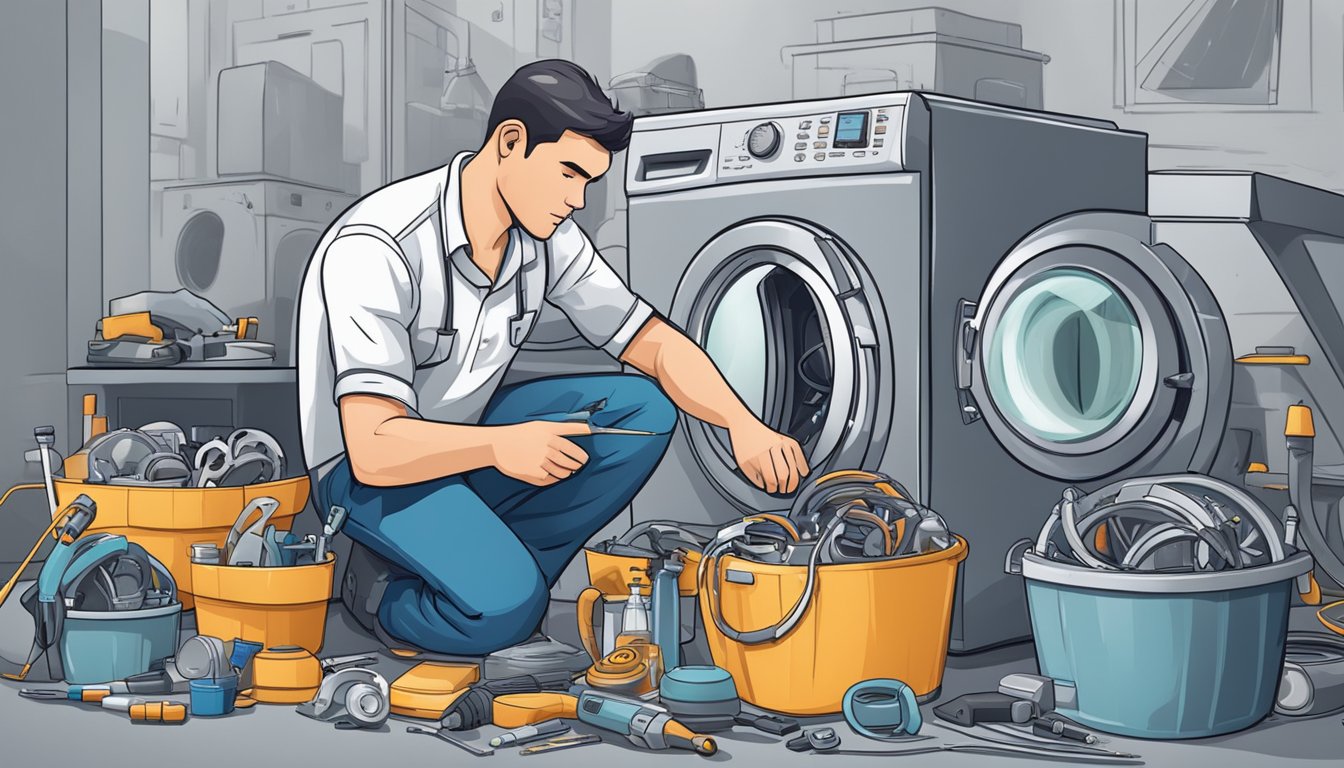 A technician repairing a washing machine, tools and parts scattered around. The technician is focused and determined, with a look of concentration on their face