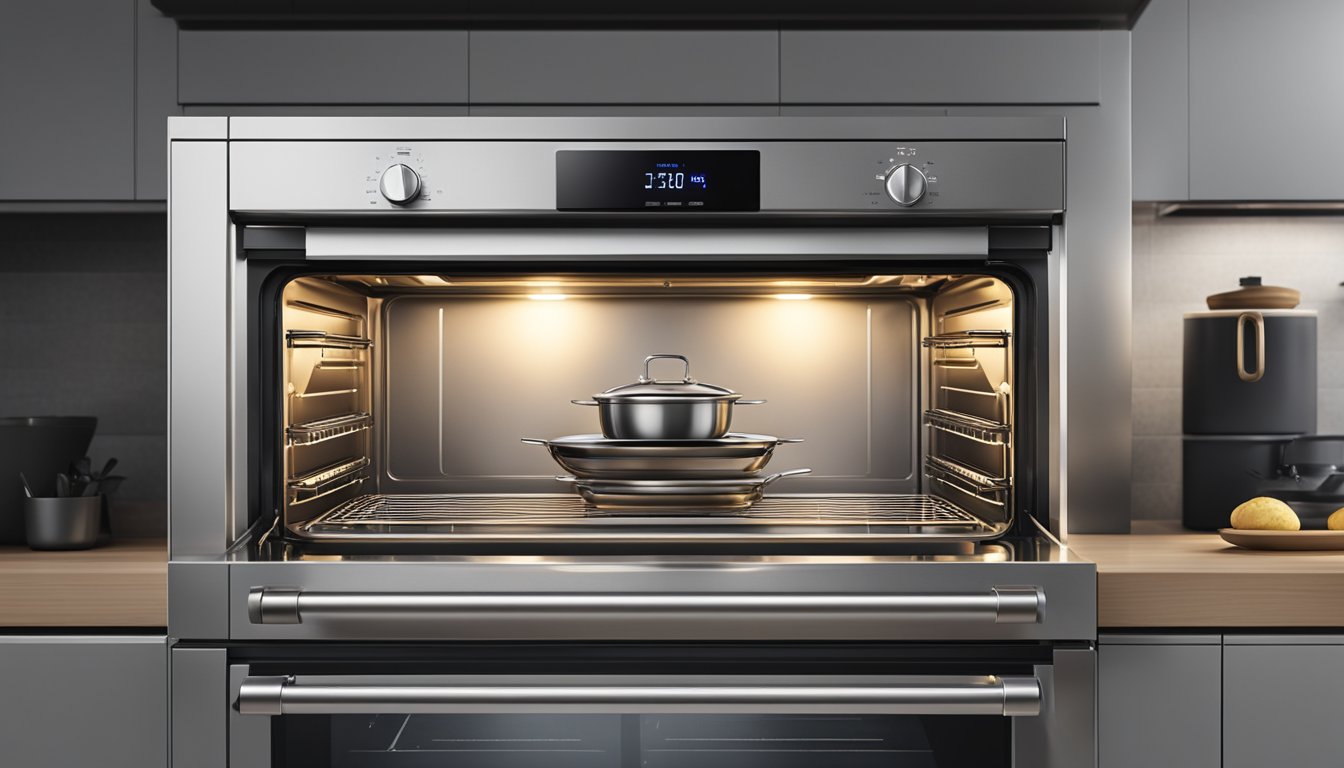 A conventional oven in a modern Singapore kitchen, with sleek stainless steel surfaces and digital controls, emitting a warm glow from its interior