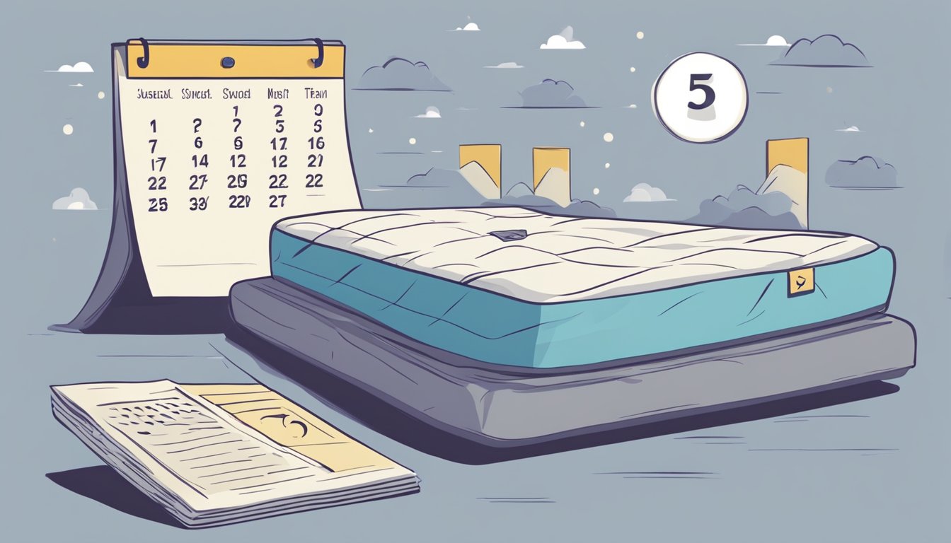 A mattress with a calendar beside it, showing the passage of time. A question mark hovers above, symbolizing uncertainty