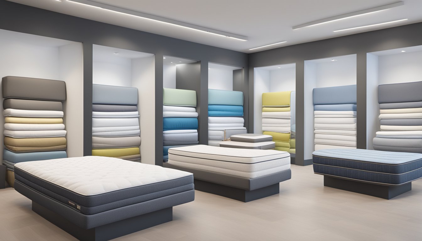 A customer testing mattresses in a bright showroom with various options displayed