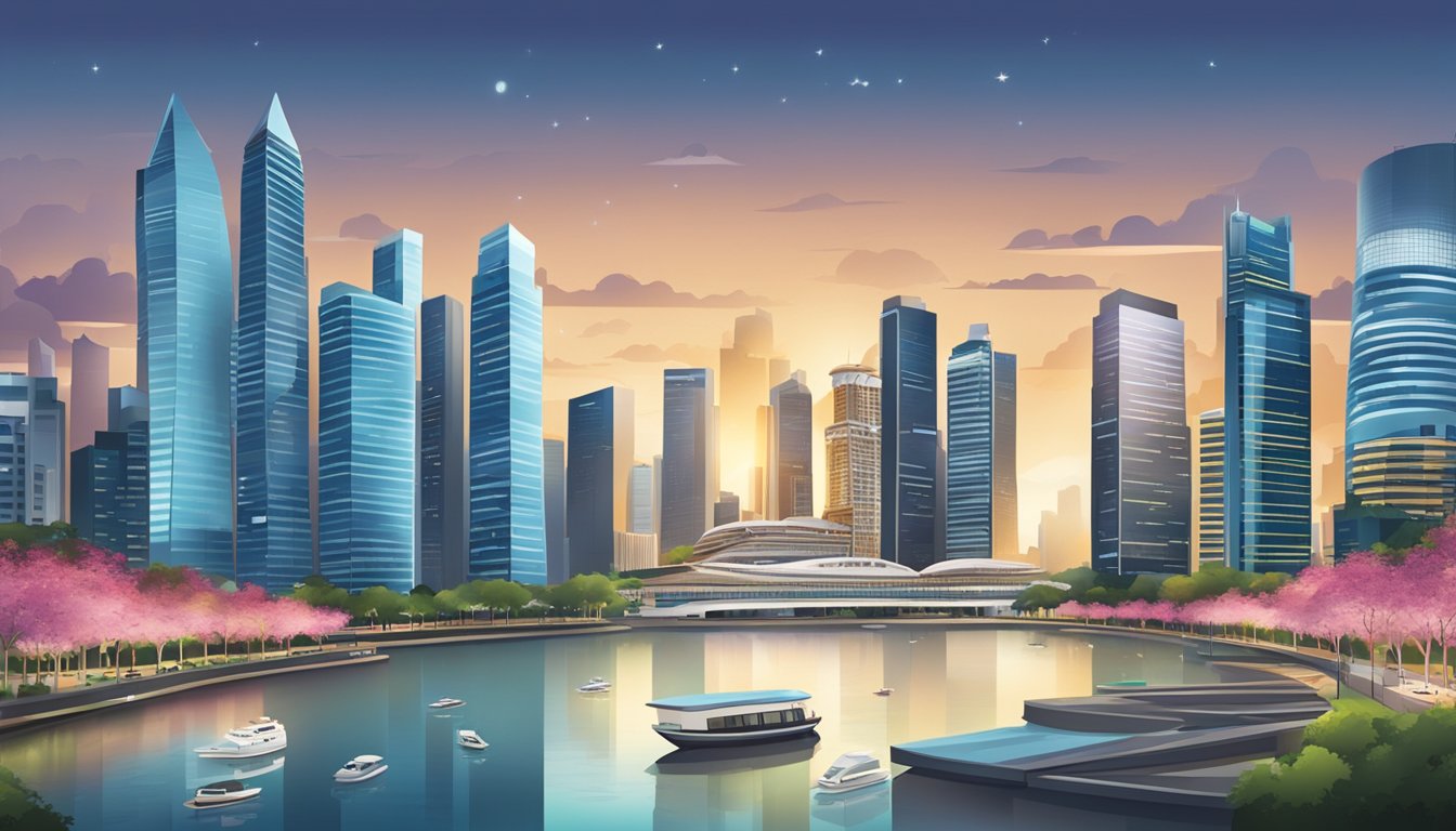 A bustling Singapore skyline with iconic landmarks, surrounded by financial district buildings and corporate offices