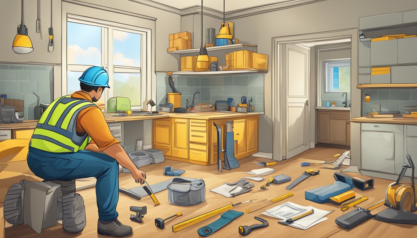 A construction worker renovates a room, surrounded by tools and materials, with a "Frequently Asked Questions" sign in the background