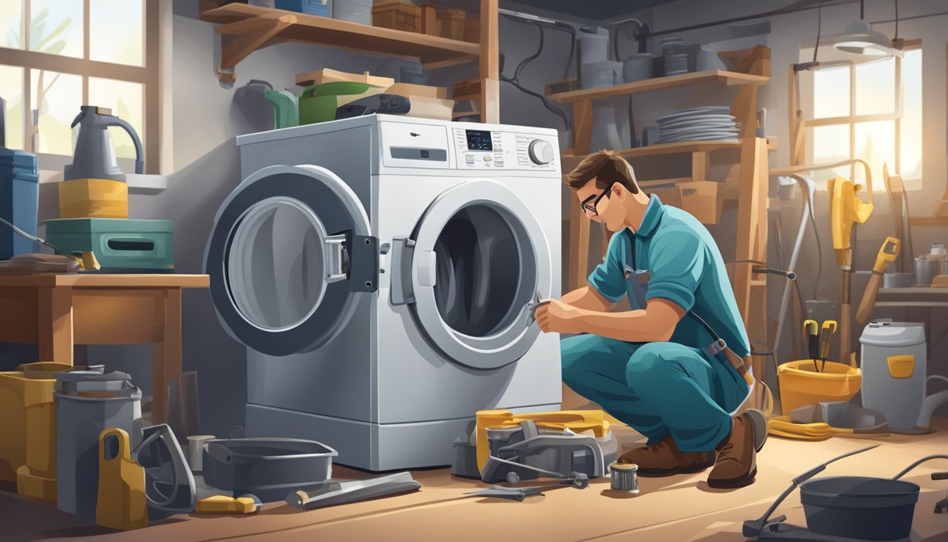 A technician repairing a washing machine, surrounded by tools and equipment in a well-lit workshop