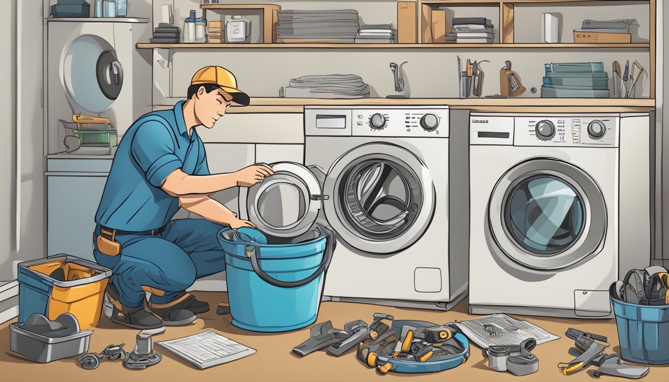 A technician repairing a washing machine, surrounded by tools and parts, with a "Frequently Asked Questions" manual open on the table