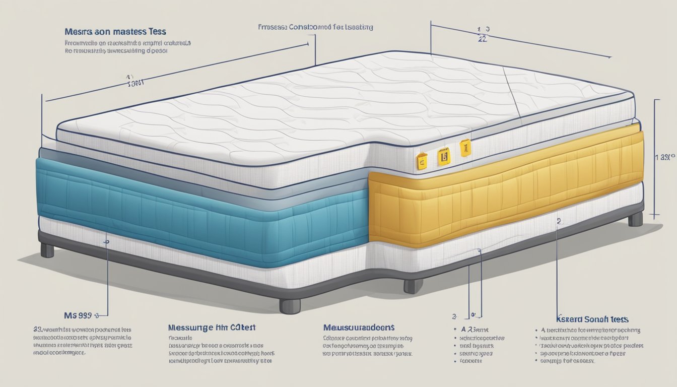 A mattress with a calendar showing years passing, a durability test being conducted, and a measuring tape indicating its length