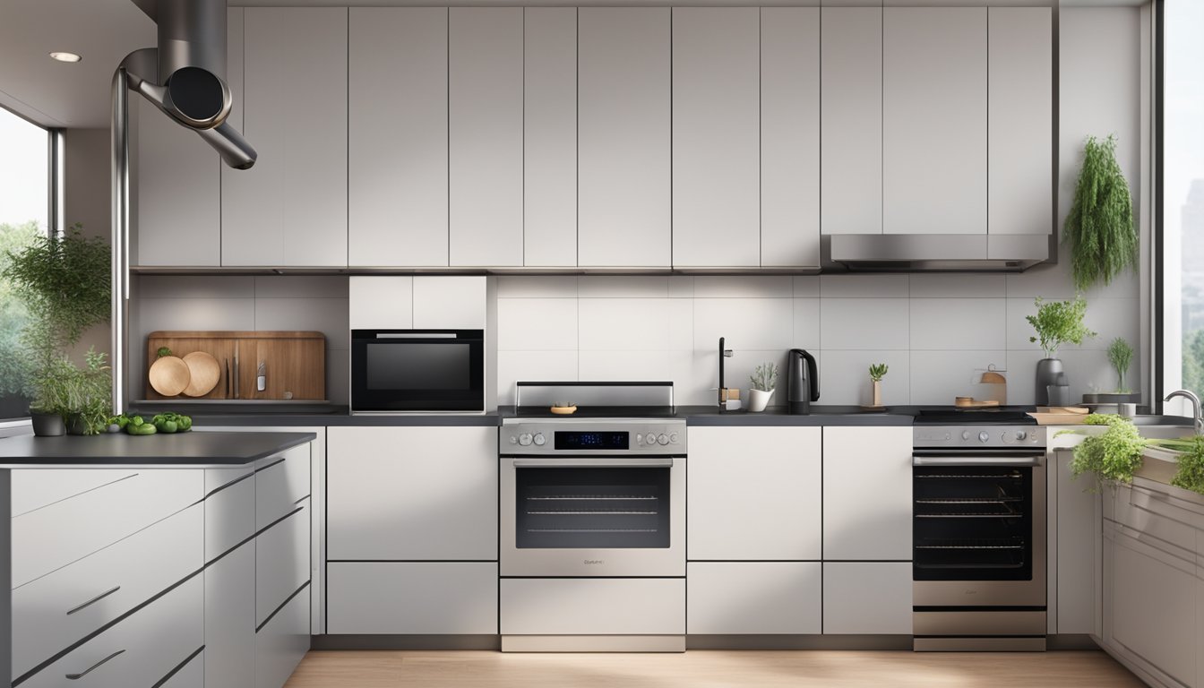 An air fryer oven sits on a kitchen countertop in a modern Singaporean home, surrounded by stainless steel appliances and sleek cabinets