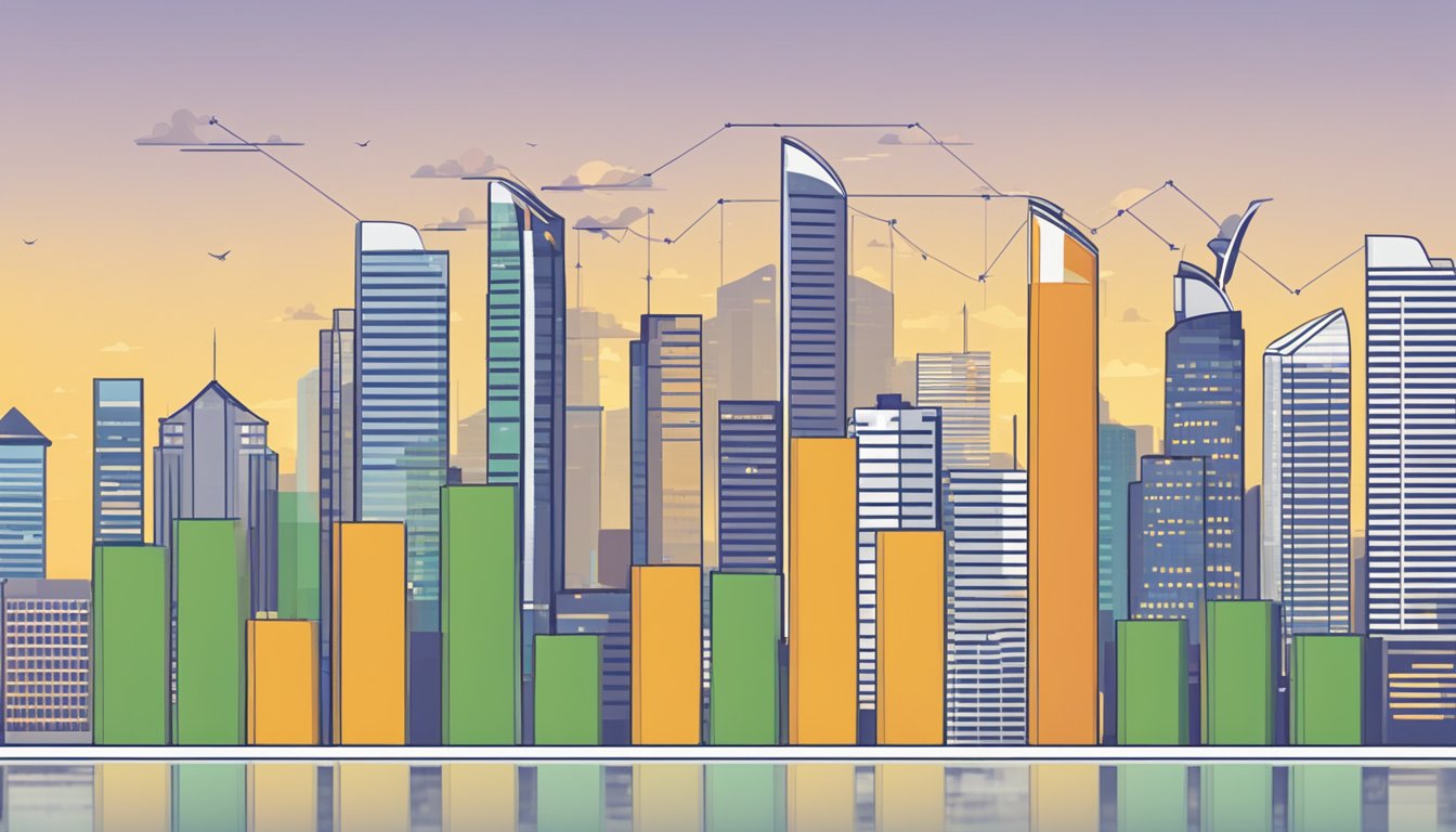 A bar graph displays salary benchmarks by age and experience, with clear labels and axes. The graph is set against a backdrop of the Singapore skyline