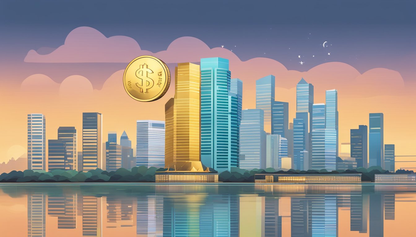 A stack of coins and a graph showing upward trend, with the Singapore skyline in the background