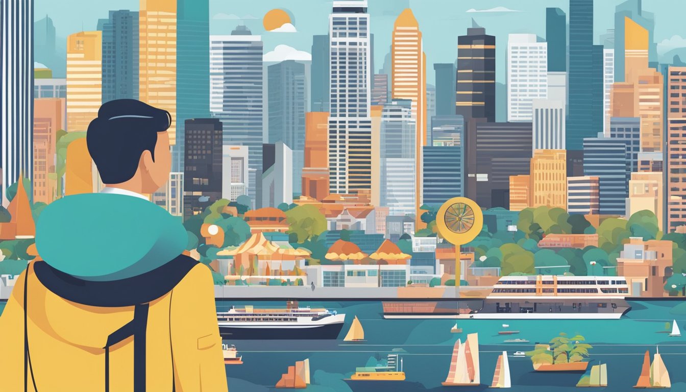 A figure stands before a city skyline, holding a guide titled "Navigating Career Transitions Singapore Salary Guide." The figure is surrounded by various career symbols, representing the diverse industries and job opportunities in Singapore
