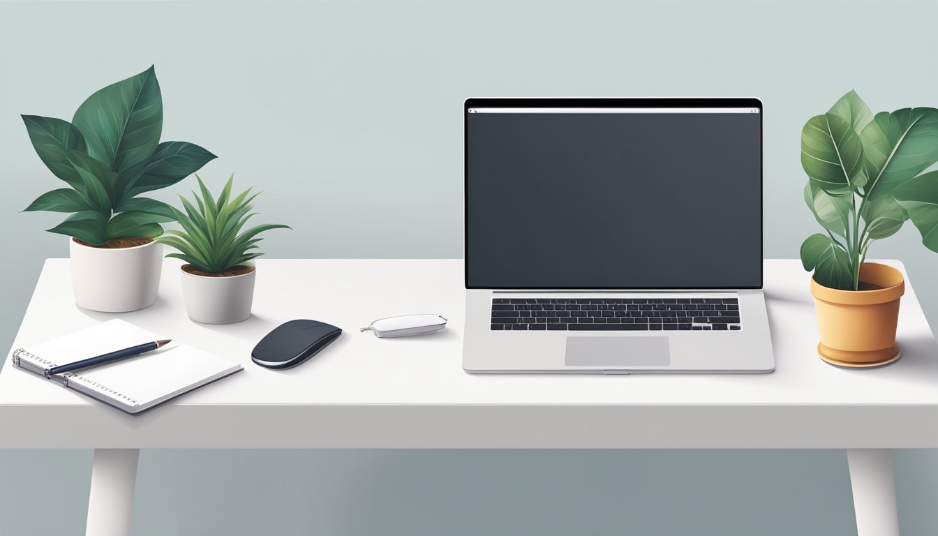 A clean, modern desk with a sleek, white surface and minimalistic design. A laptop, notebook, and pen sit neatly arranged on the desk, with a potted plant in the corner