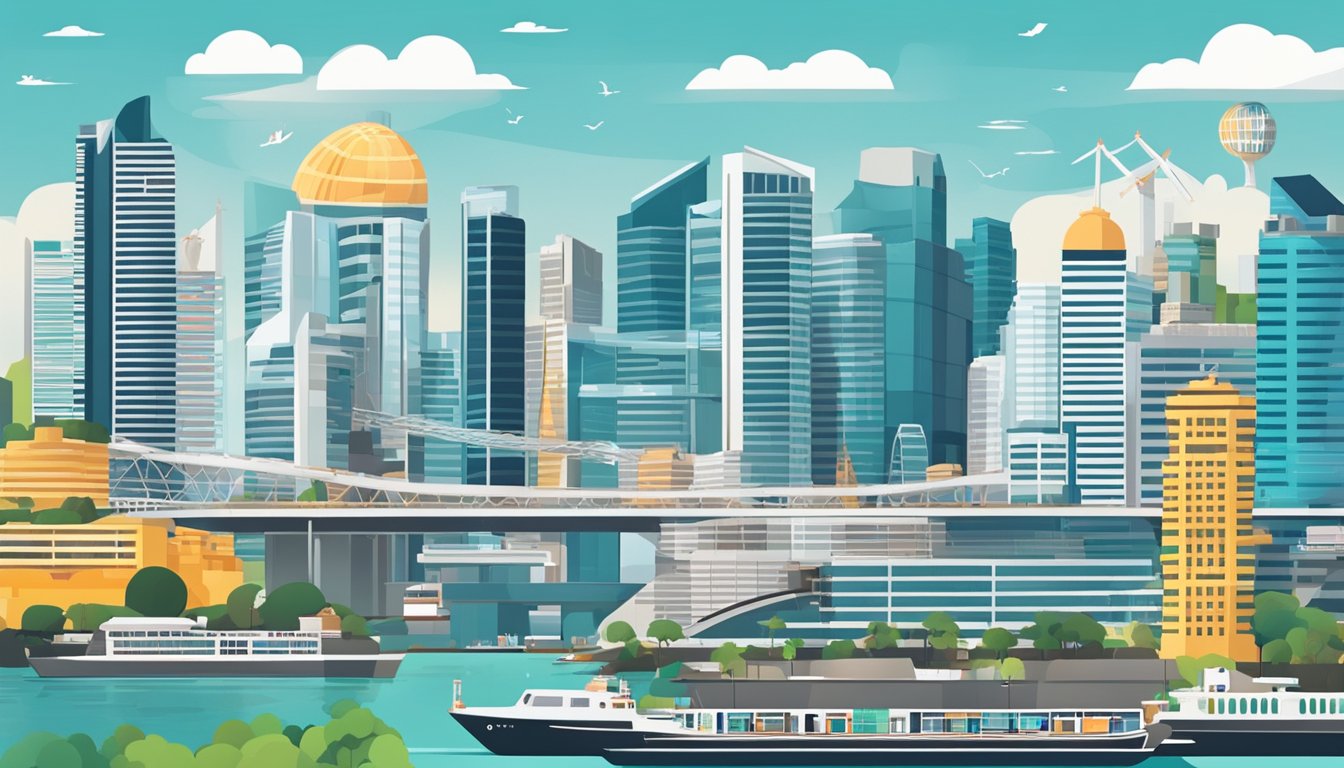 A bustling Singapore skyline with iconic buildings and symbols of top-paying sectors like finance, technology, and healthcare