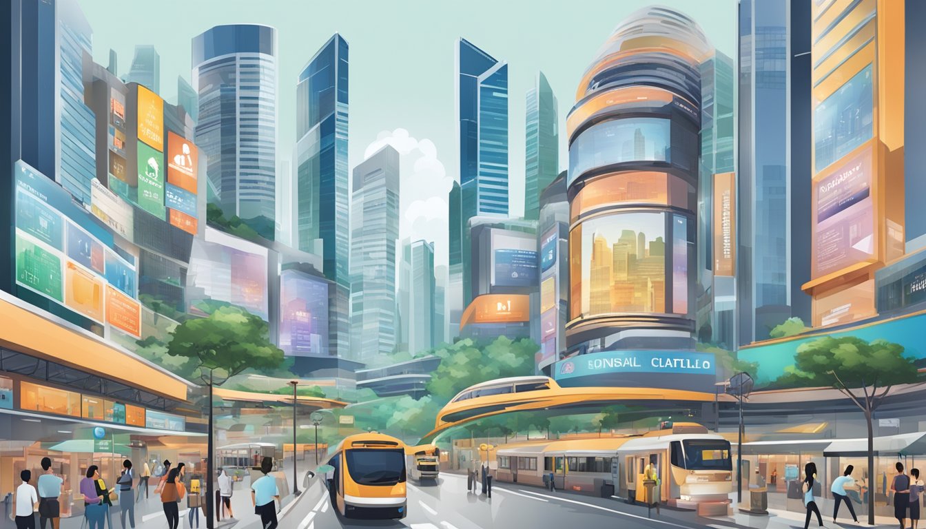 A bustling Singapore cityscape with iconic landmarks and office buildings, accompanied by a prominent salary guide and job search tips displayed on billboards and digital screens