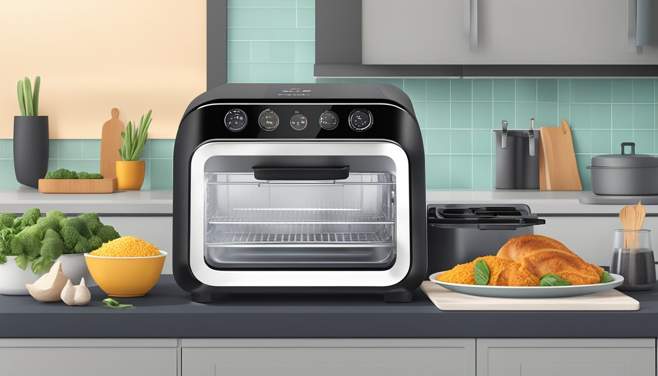 A modern kitchen with a sleek air fryer oven sitting on the countertop, surrounded by various cooking ingredients and utensils