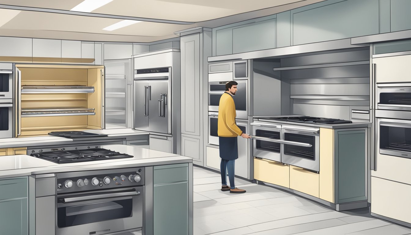 A person comparing different oven models in a showroom, surrounded by various types and sizes of conventional ovens