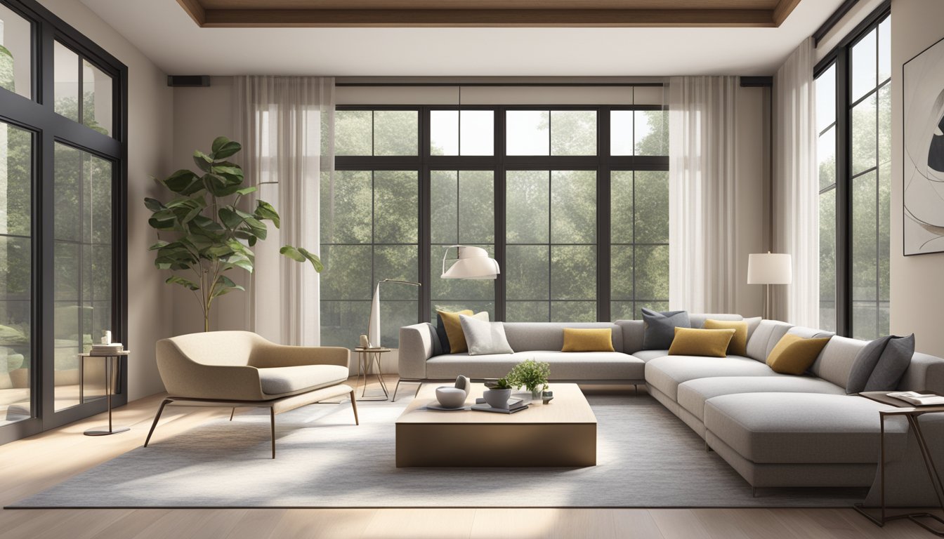 A modern living room with sleek furniture, neutral color palette, and minimalistic decor. Large windows allow natural light to fill the space, creating a warm and inviting atmosphere