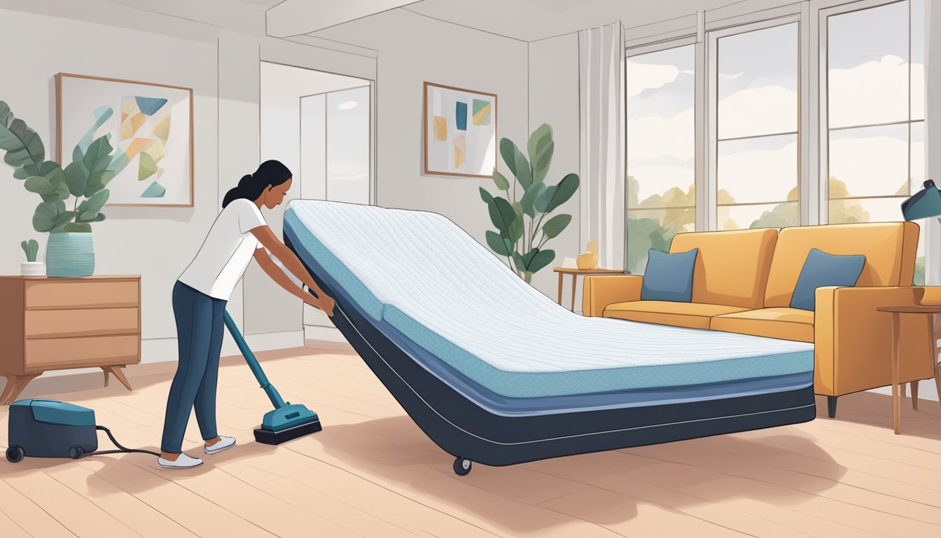 A mattress being gently turned and flipped, with a person using a vacuum to clean its surface