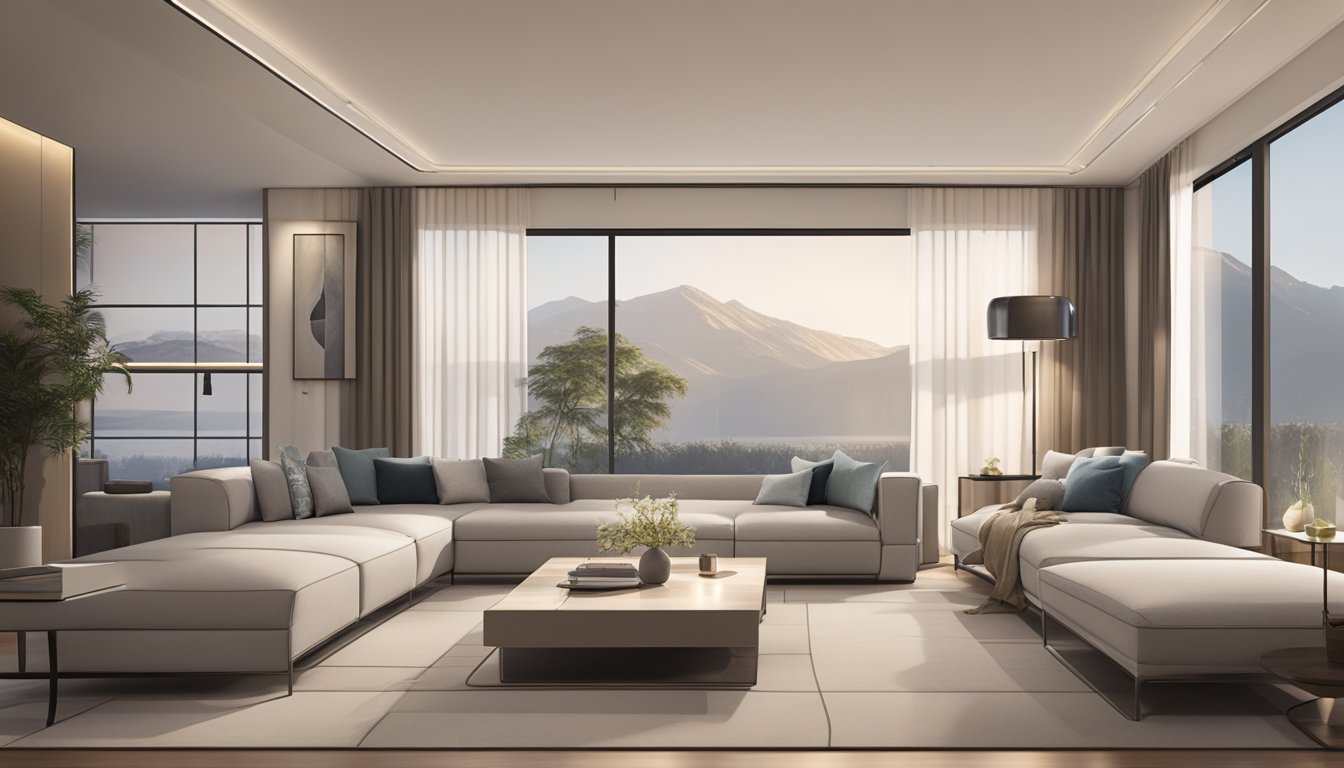 A sleek, minimalist living room with neutral colors, clean lines, and strategic lighting, showcasing the principles of Moda interior design