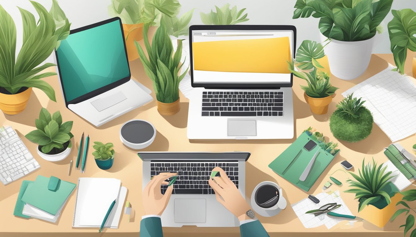 A person organizes stationery and decorates a desk table with plants and office supplies