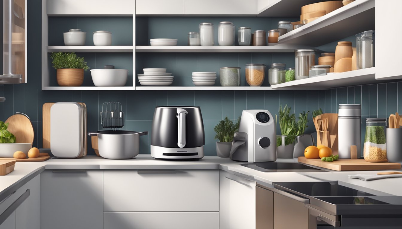 A modern kitchen with a sleek air fryer oven on the countertop, surrounded by various cooking utensils and ingredients neatly organized on the shelves