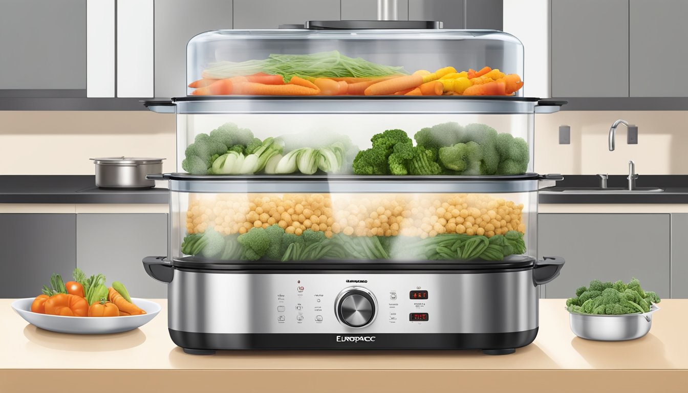 A Europace food steamer sits on a kitchen countertop, steam rising from its compartments as vegetables and grains cook inside