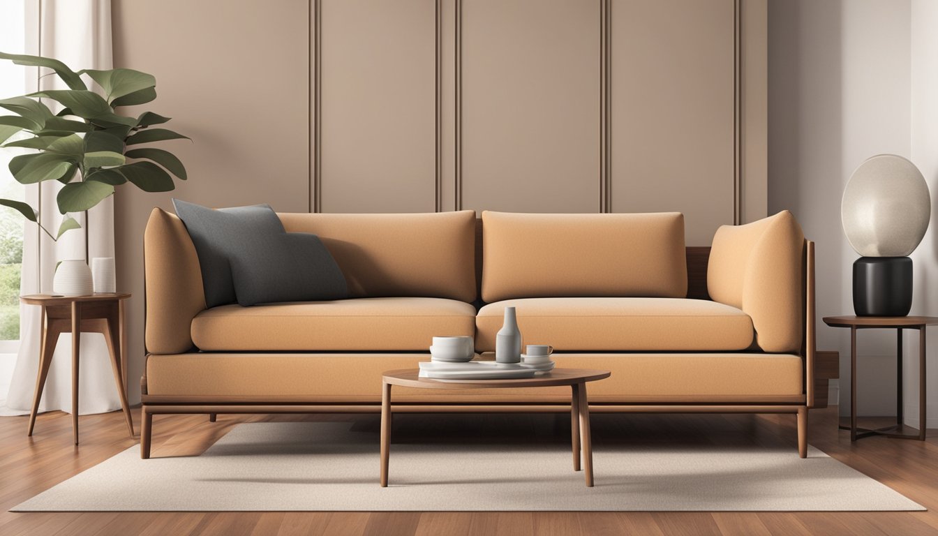 A wooden sofa with sleek, clean lines and a minimalist design sits against a backdrop of warm, earthy tones. The sofa's frame is made of rich, dark wood, and the cushions are upholstered in a neutral, textured fabric