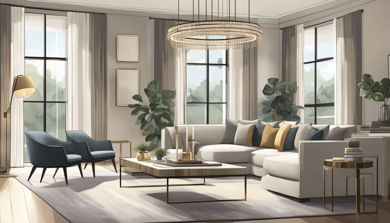 A sleek, modern living room with clean lines, neutral colors, and luxurious textures. A statement chandelier hangs above a cozy seating area, while large windows bring in natural light