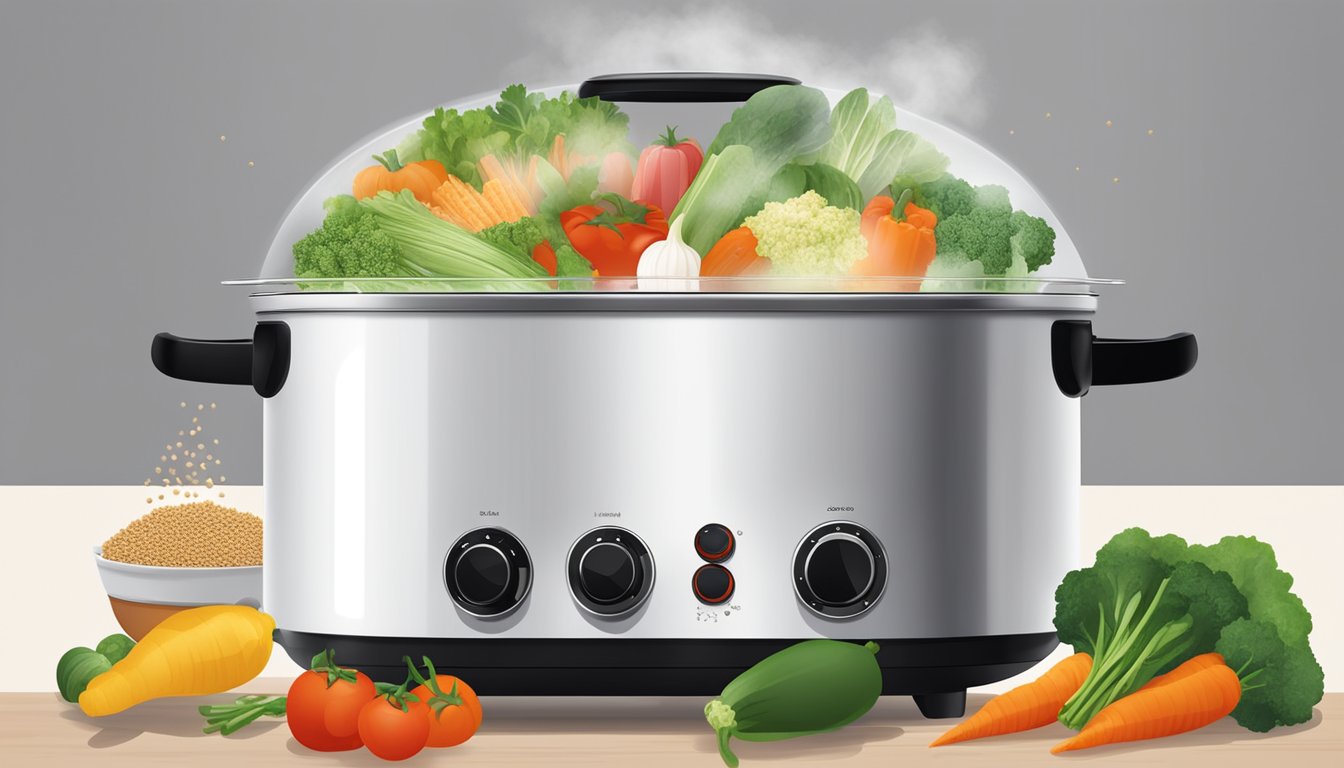 A steamy kitchen scene with Europace food steamer surrounded by fresh vegetables and grains, emitting aromatic steam