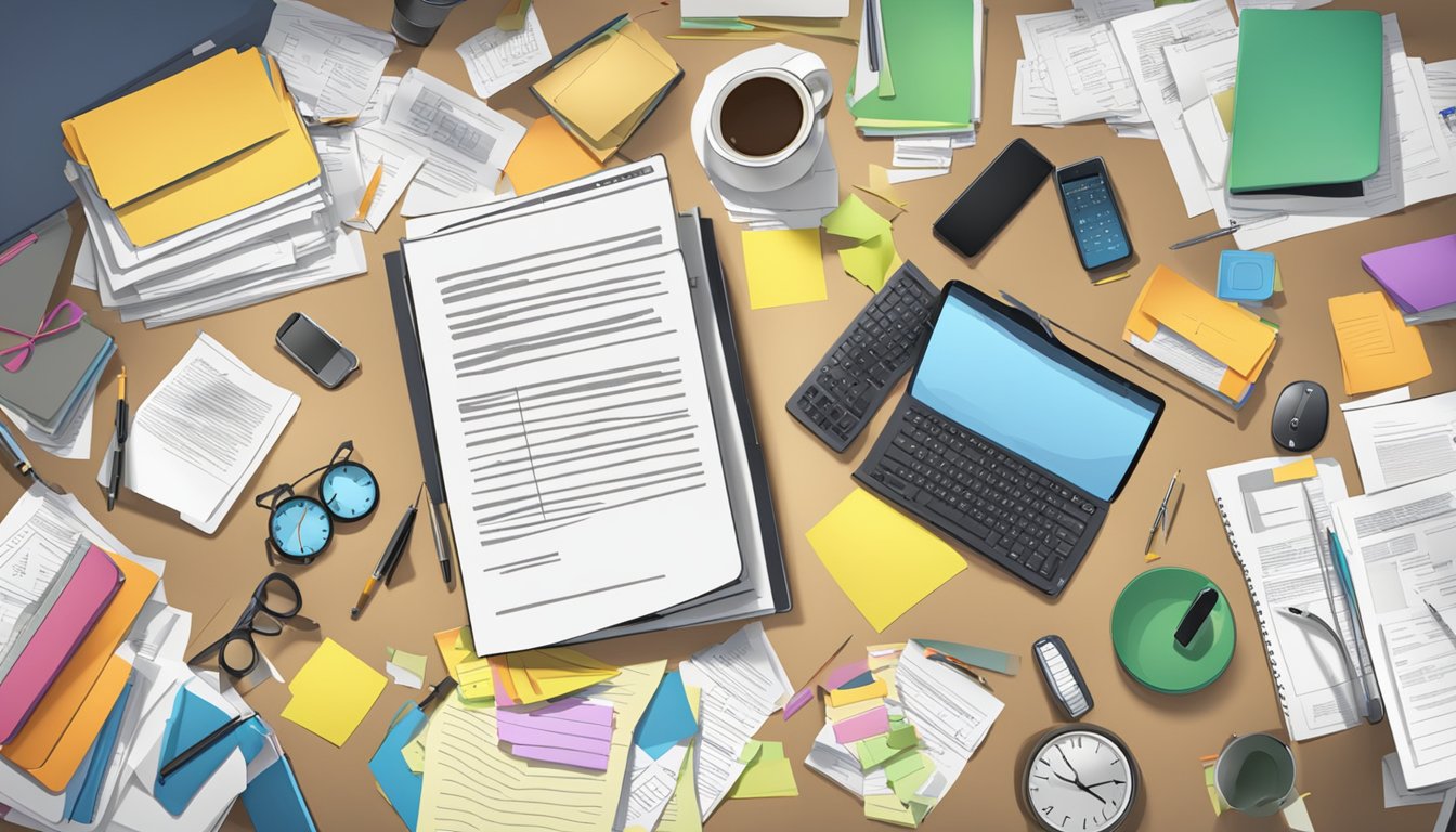 A cluttered desk with a prominent "Frequently Asked Questions" sign and scattered papers