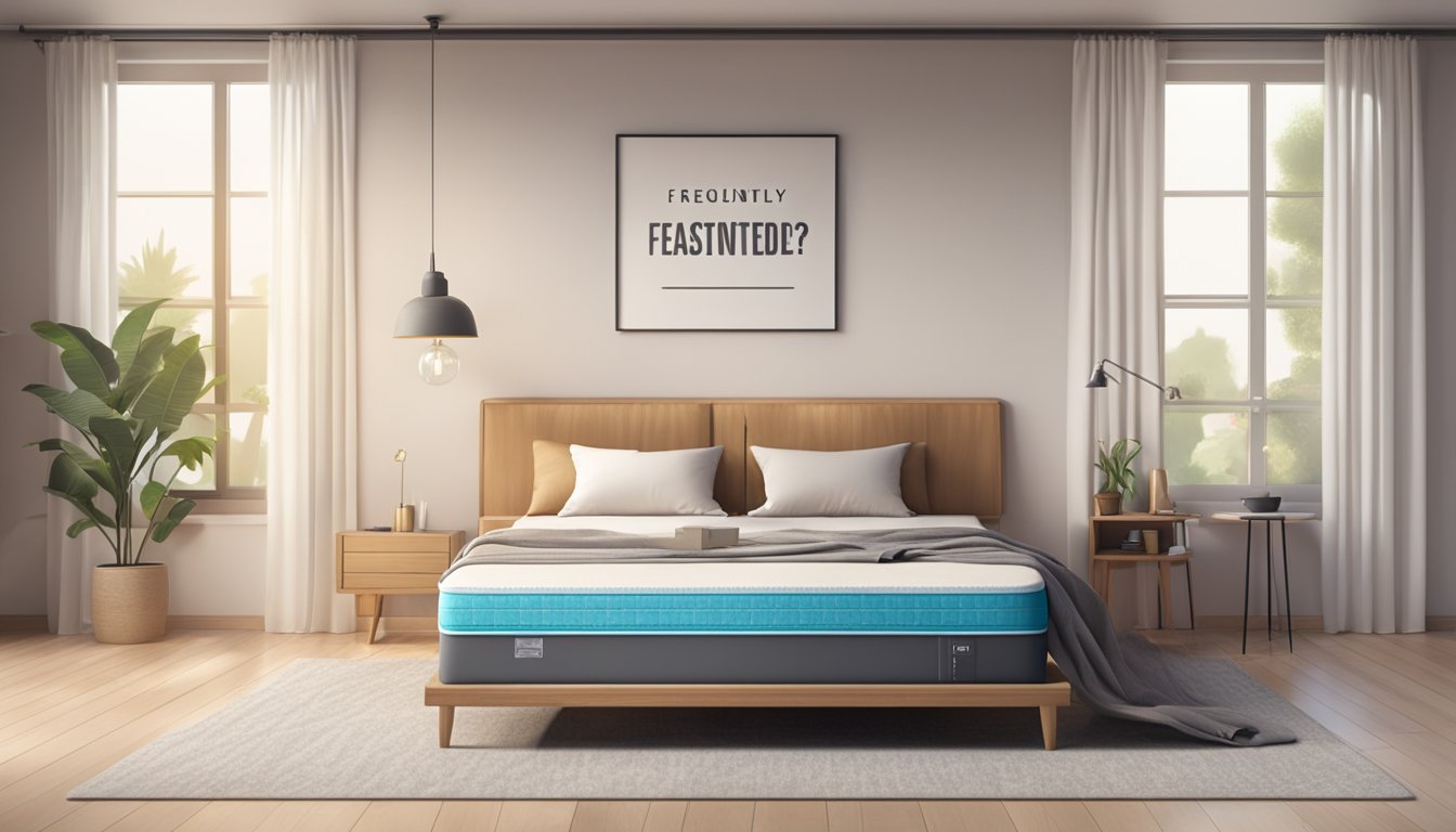 A comfortable mattress with a "Frequently Asked Questions" sign in a bright, modern bedroom setting