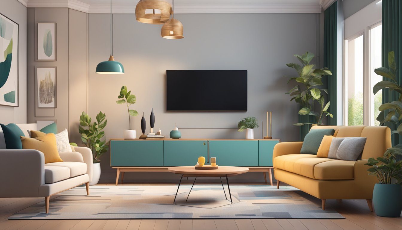 A stylish living room with modern furniture and decor. A wall-mounted TV, cozy sofa, and trendy accessories create a welcoming space