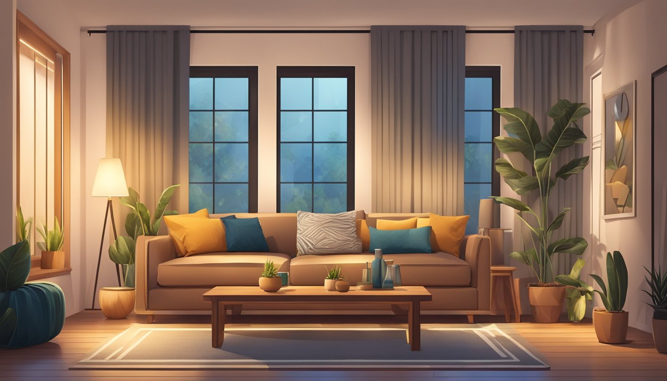 A cozy living room with a modern wooden sofa design, surrounded by warm lighting and decorative pillows