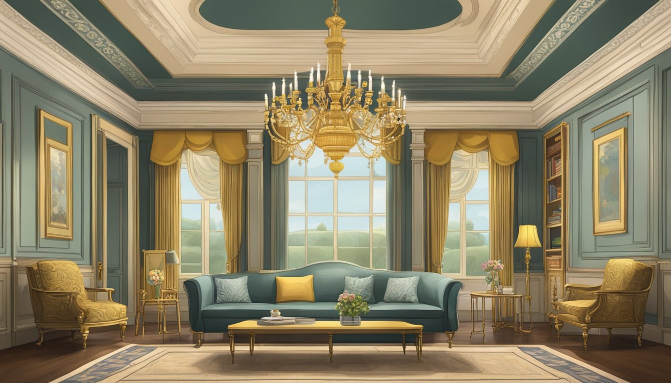 A grand chandelier illuminates a parlor with ornate furniture, richly patterned wallpaper, and decorative molding