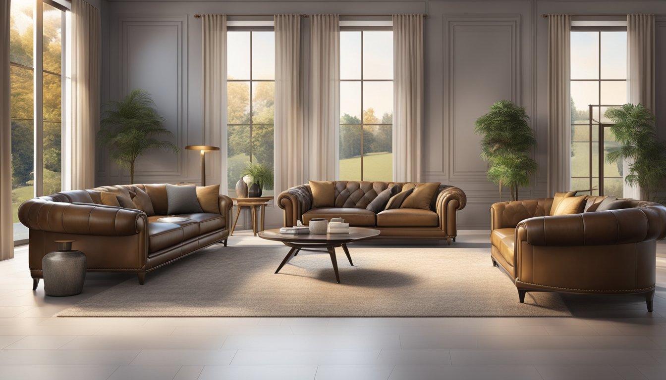 A hand reaches out to touch a luxurious genuine leather sofa set in a well-lit showroom