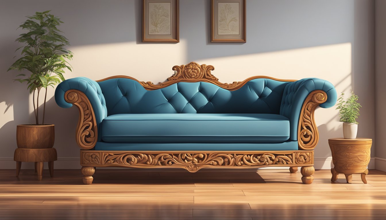 A wooden sofa stands in a well-lit room, showcasing intricate craftsmanship and attention to detail in its design