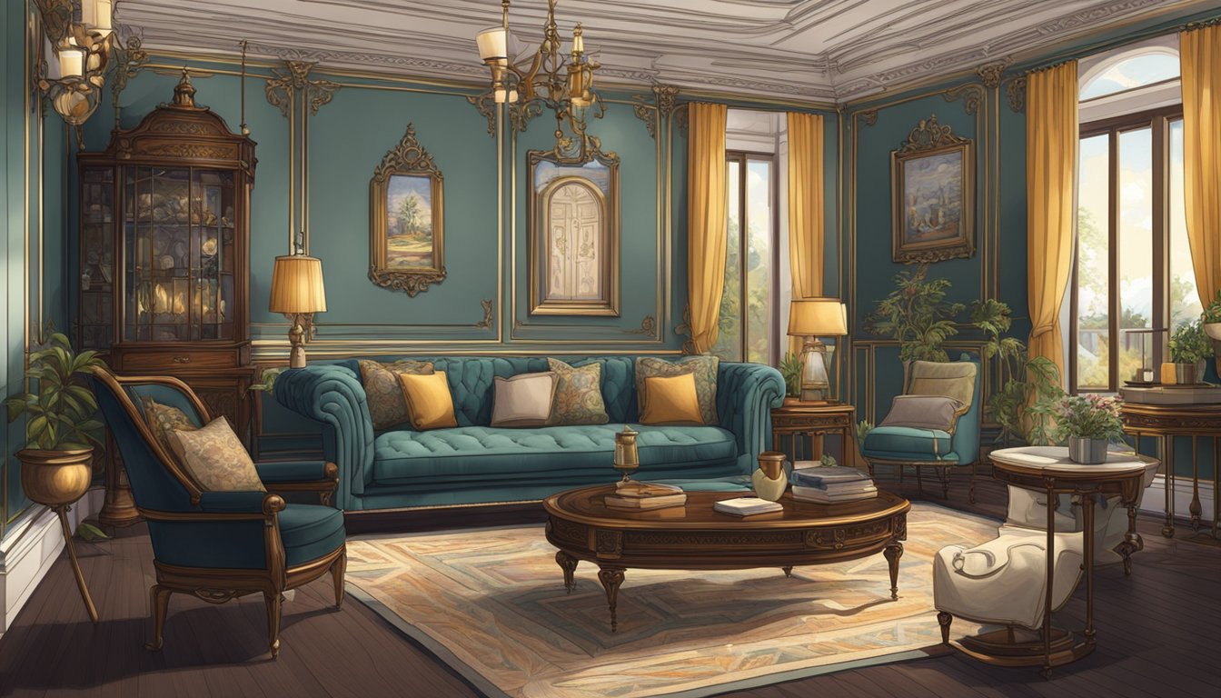 A modern Victorian interior featuring ornate furniture, rich colors, intricate patterns, and vintage accents