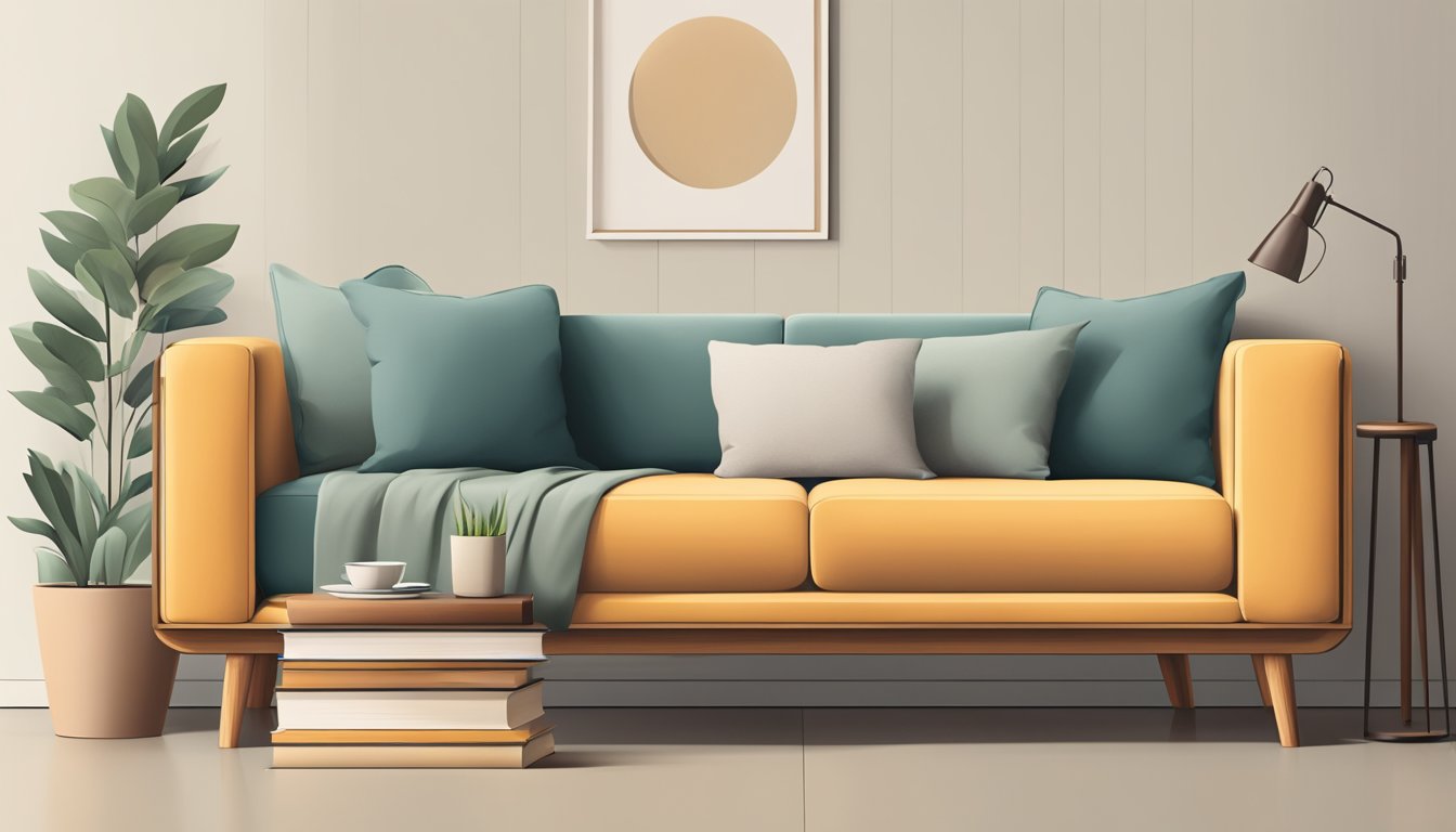 A wooden sofa with clean lines and minimalist design, set against a neutral background, with a stack of books and a potted plant nearby