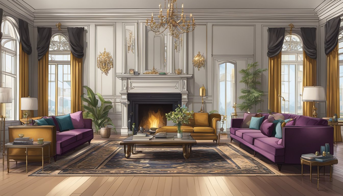 A spacious Victorian room with ornate furniture, high ceilings, and modern art pieces. Rich colors and textures blend with contemporary elements