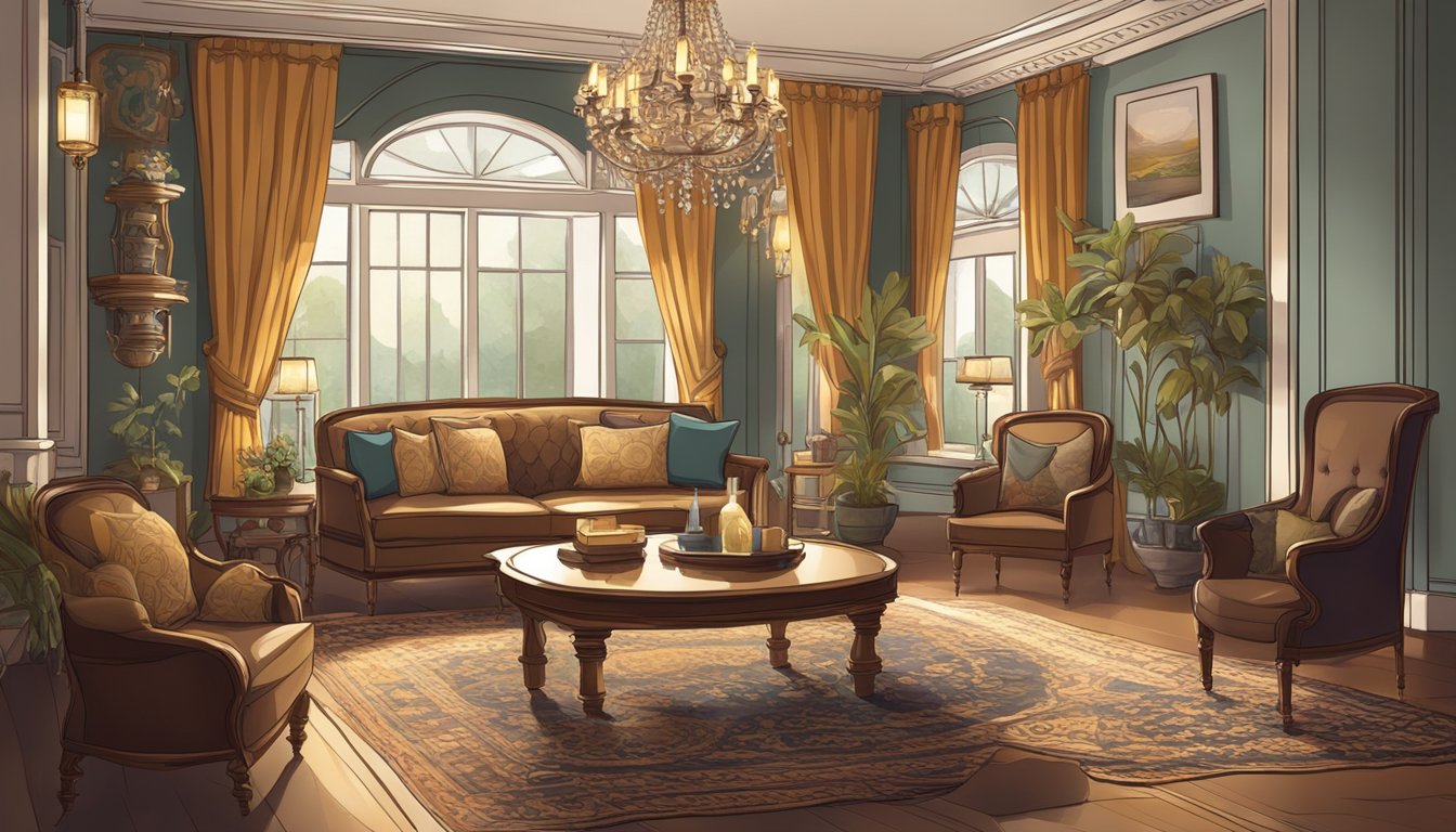 A cozy modern Victorian interior with ornate furniture, rich colors, and intricate patterns. A chandelier hangs above, casting a warm glow on the elegant space