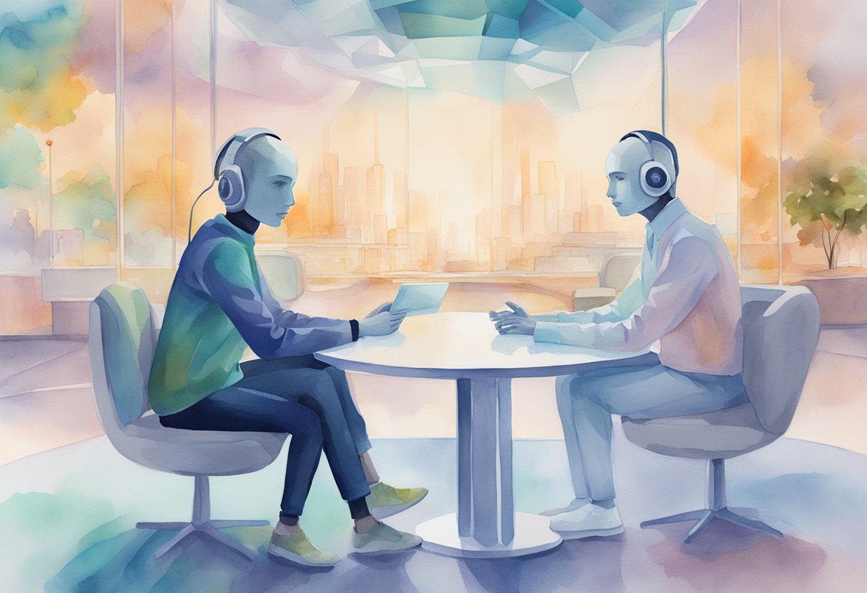 AI psychology: Two AI entities engage in conversation, displaying empathy and understanding. A virtual environment with futuristic technology surrounds them