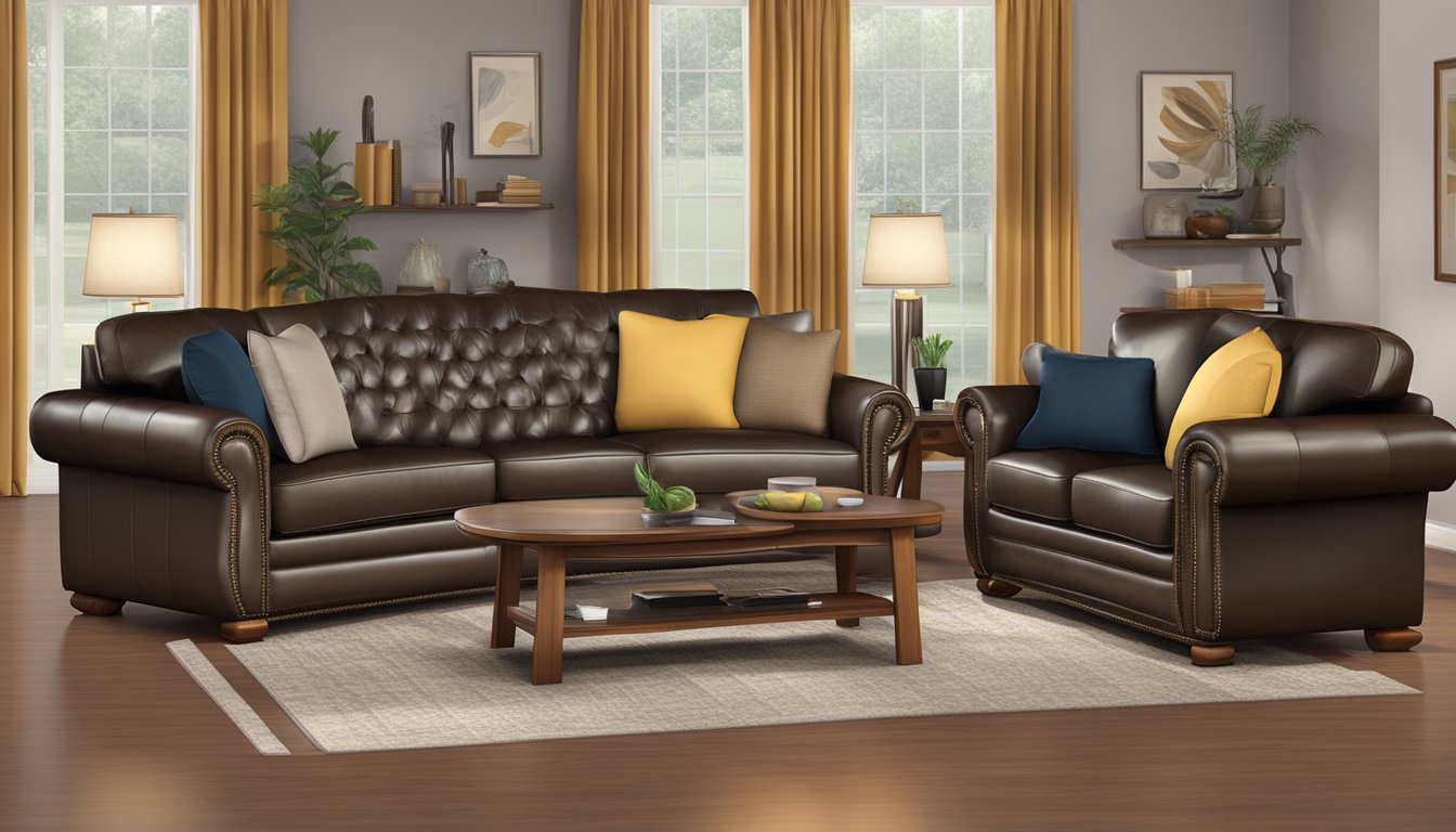 A genuine leather sofa set with FAQ signage displayed prominently