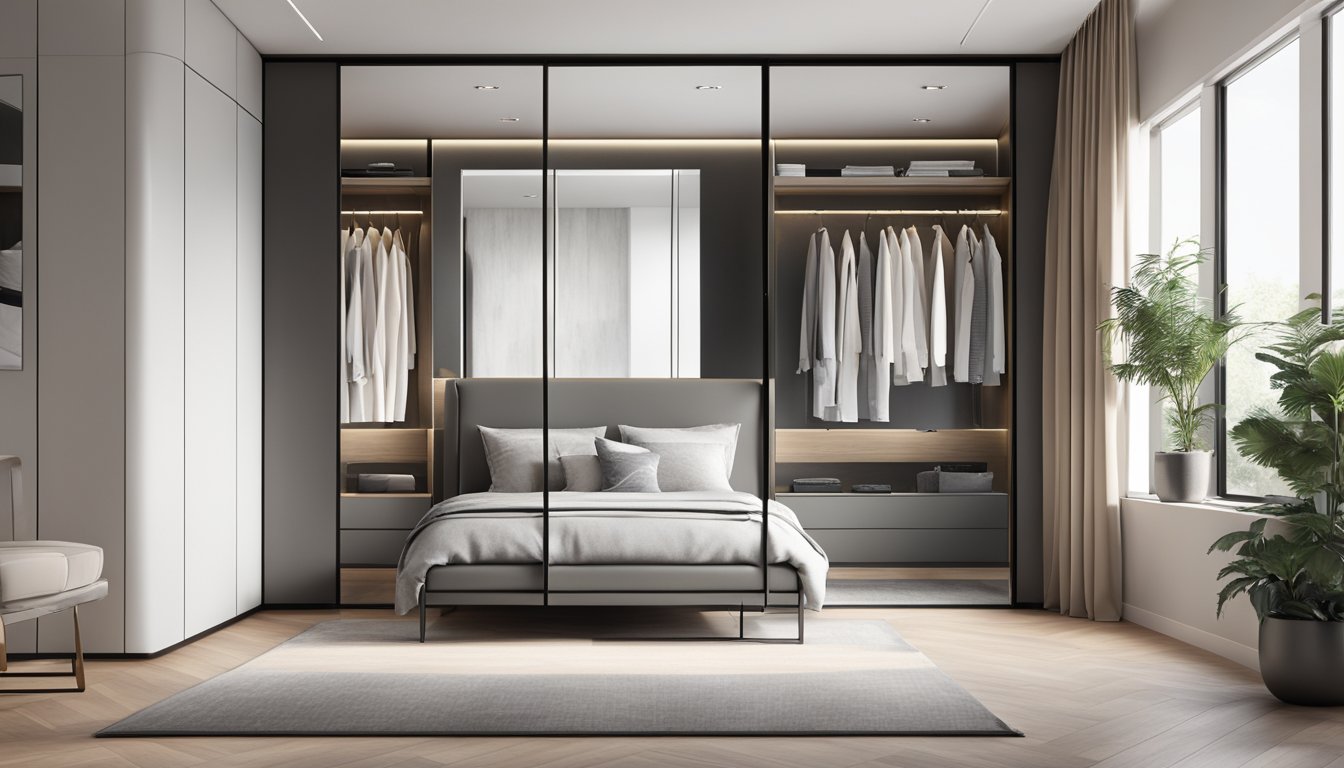 A sleek, modern bedroom with floor-to-ceiling mirrored wardrobe doors reflecting the room's decor. Clean lines and minimalist design showcase the functionality of the doors