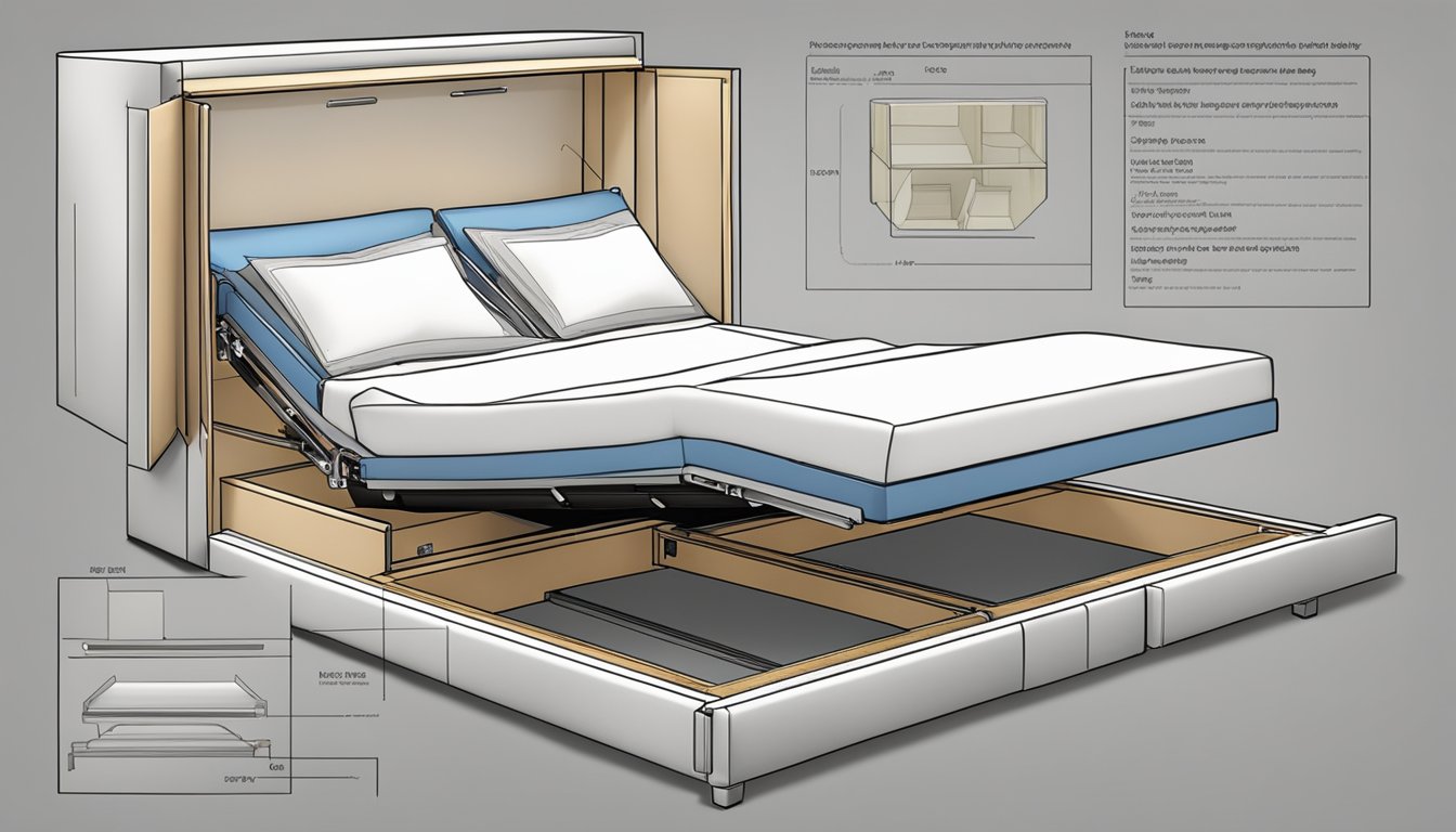 A hydraulic storage bed opens, revealing hidden compartments underneath, while the mattress remains elevated