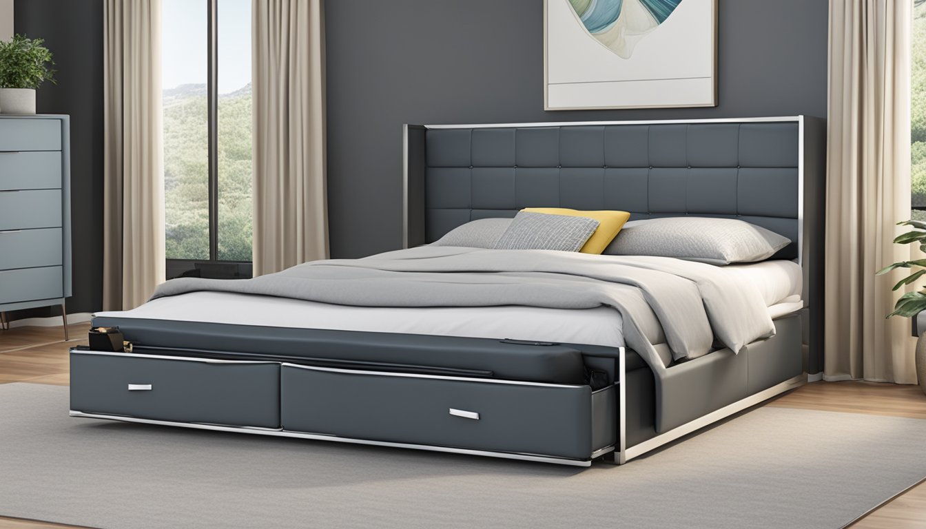 A hydraulic storage bed with a sleek, modern design. The bed features a smooth, seamless surface with hidden compartments and a sturdy, metal frame