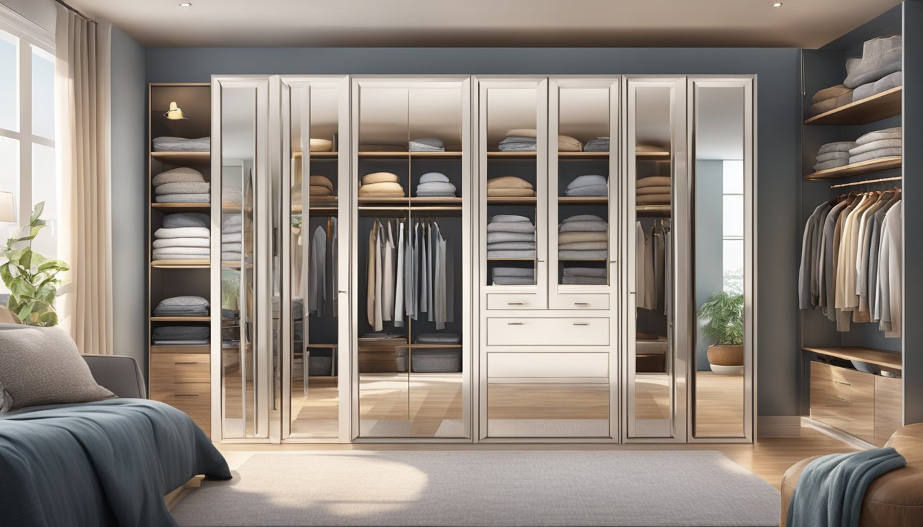 The mirrored wardrobe doors reflect a room with neatly organized shelves and hanging clothes. A soft light illuminates the space, creating a cozy atmosphere